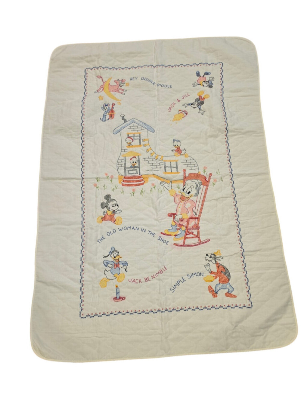 VINTAGE 1960s CHILDS / BABY QUILT DISNEY NURSERY RHYME Cross Stitch RARE